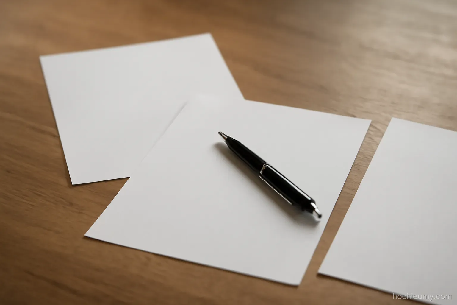 three blank sheets of paper spread out on a table with one pen lying across the middle sheet