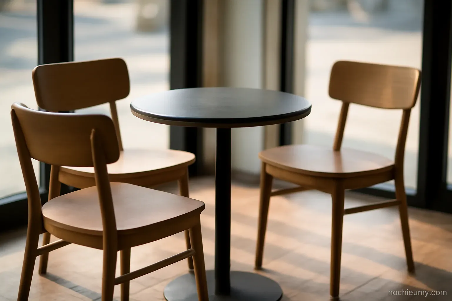three empty chairs arranged around a small round table with nothing on its surface
