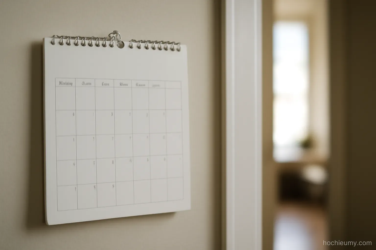a wall calendar with the first week of a month marked lightly in pencil, hanging by a doorway