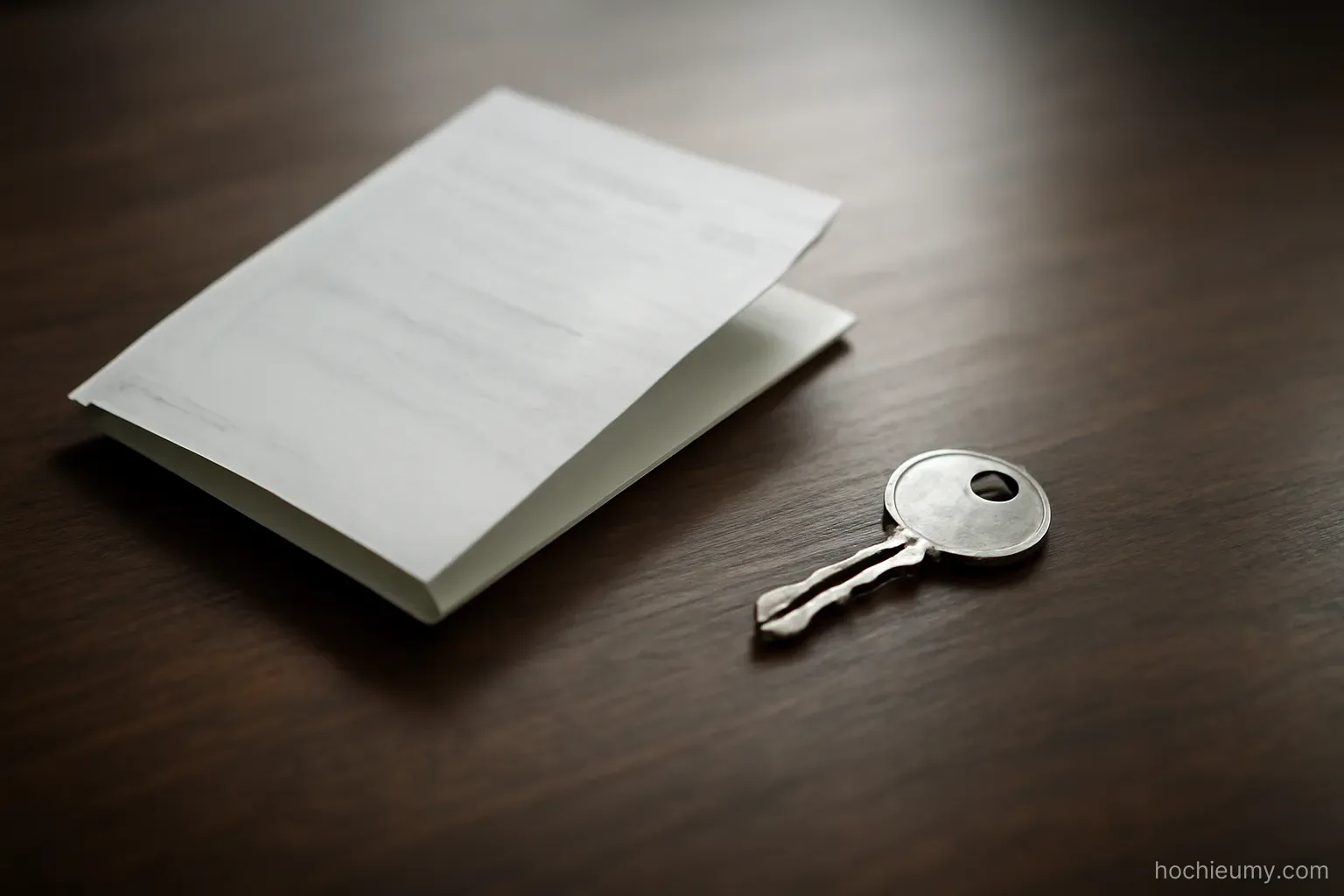 a bank statement folded in half lying beside a small metal key on a dark wooden desk