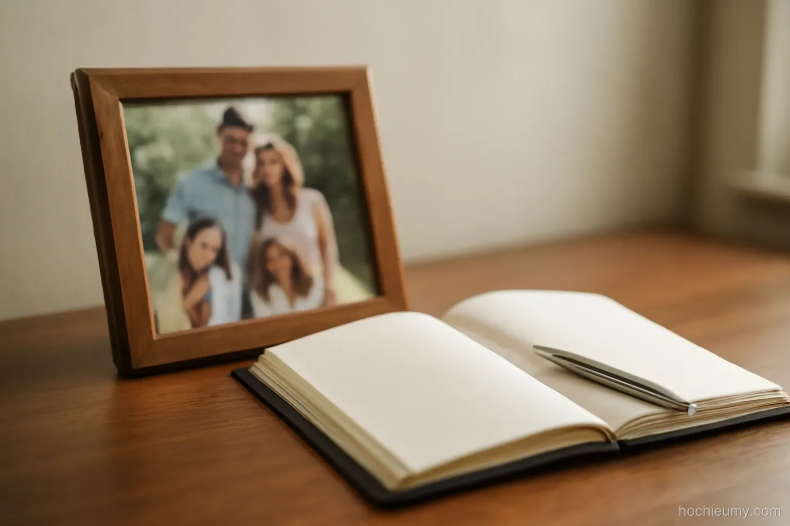 a framed family photograph placed face down on a shelf beside an open address book