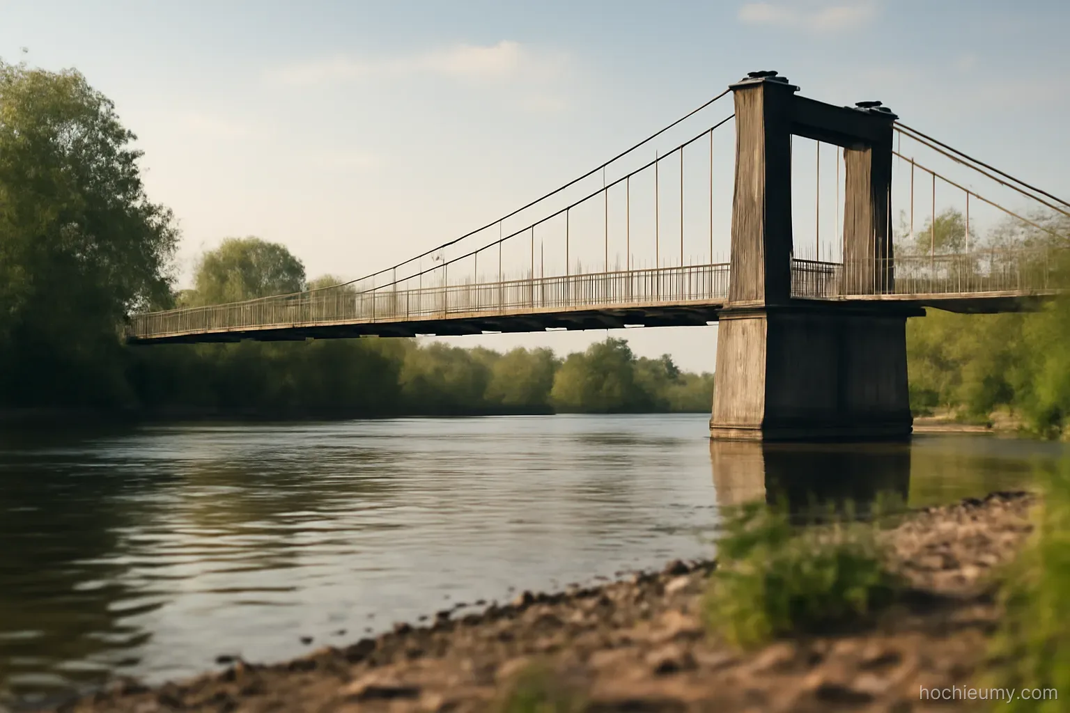 a single bridge seen from the riverbank connecting two shores with no one crossing it