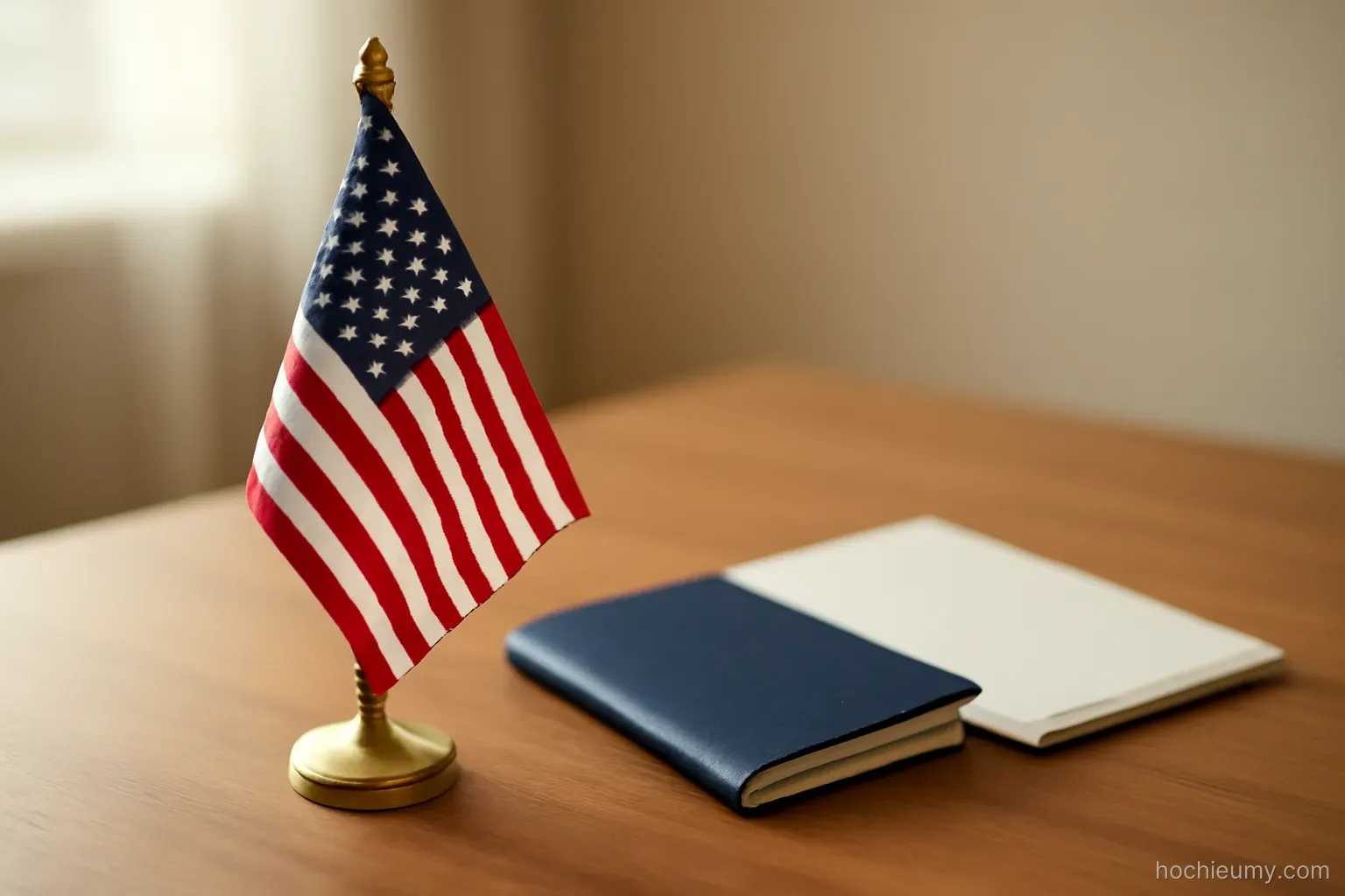 a small flag stand on a table beside a closed navy passport and a folded certificate holder
