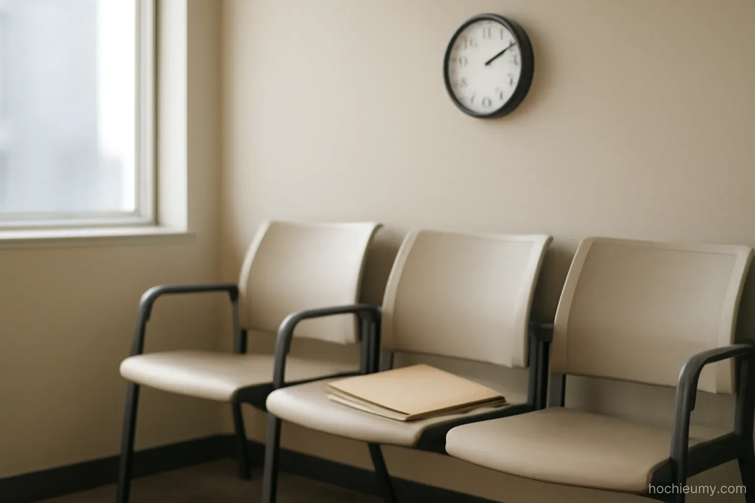 a waiting room bench with a folder of documents placed on the seat and a clock on the far wall