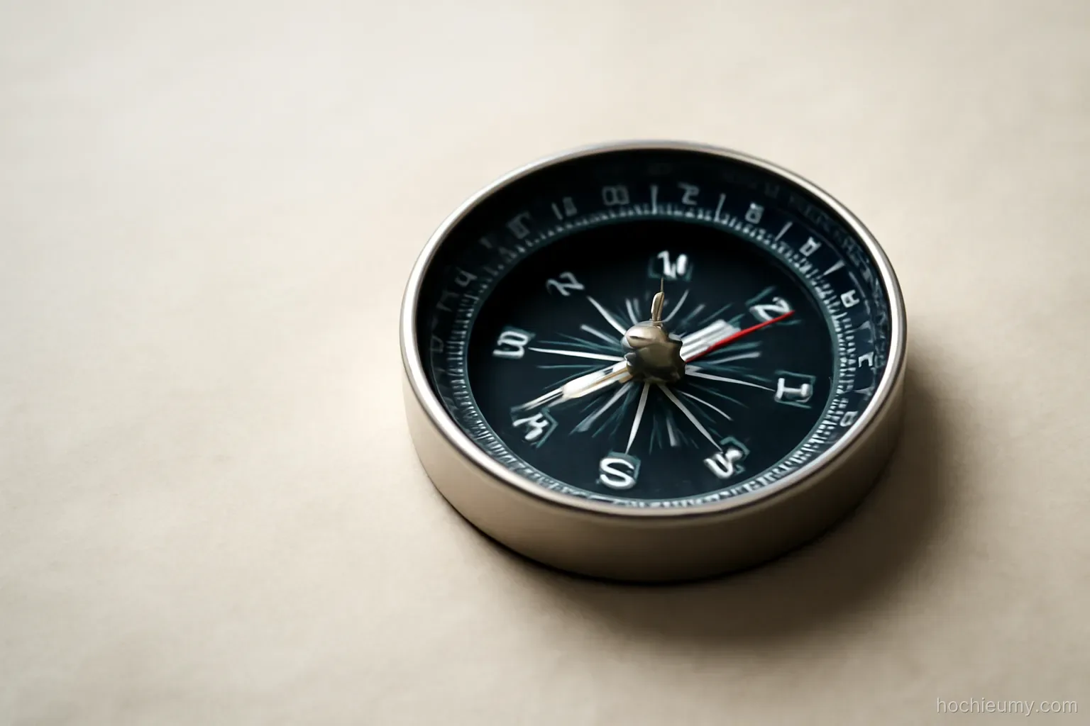 a compass needle resting still on a plain paper surface with no map or markings around it