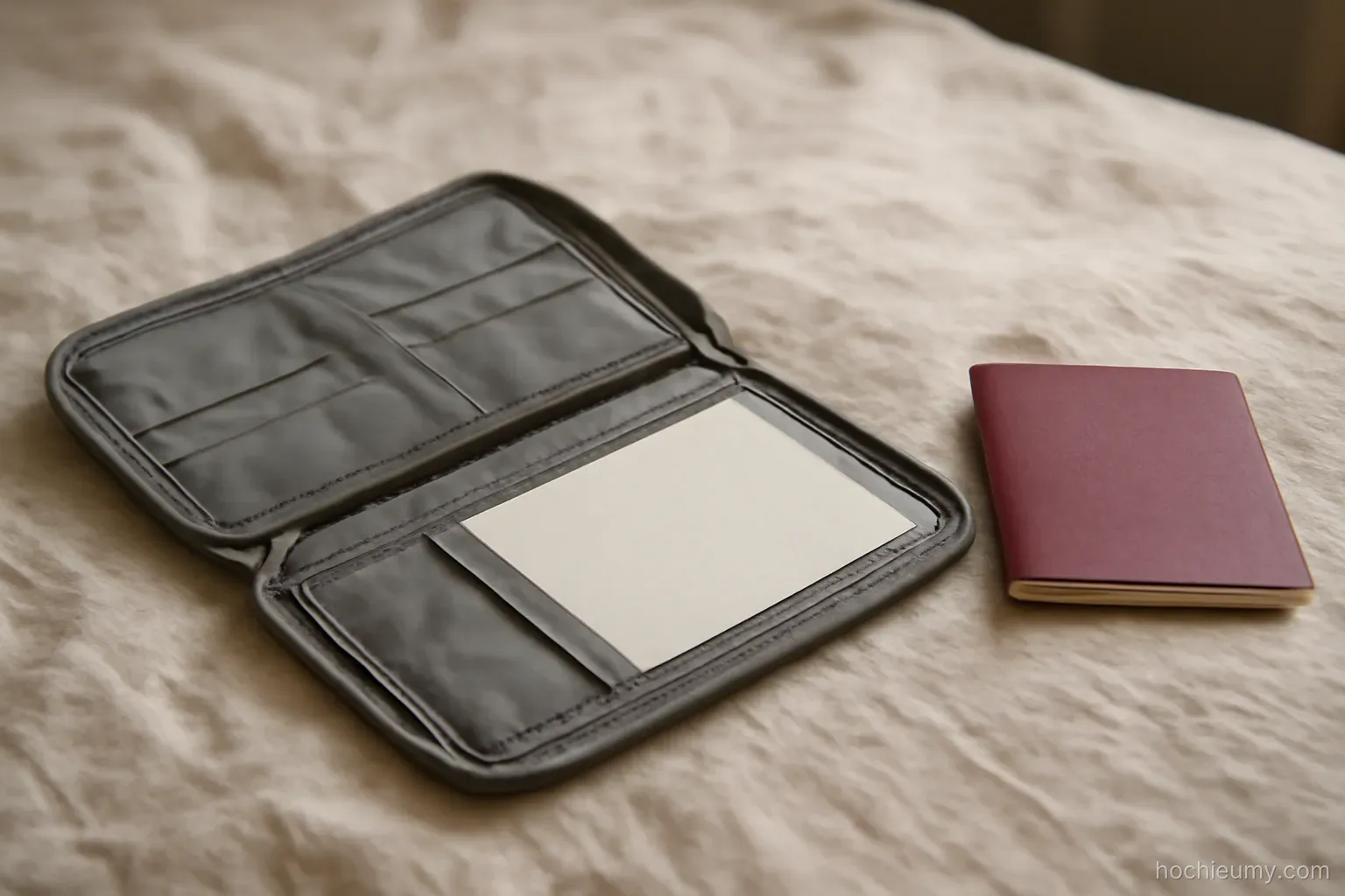 a small document pouch with several pockets lying open and empty on a bed next to a passport