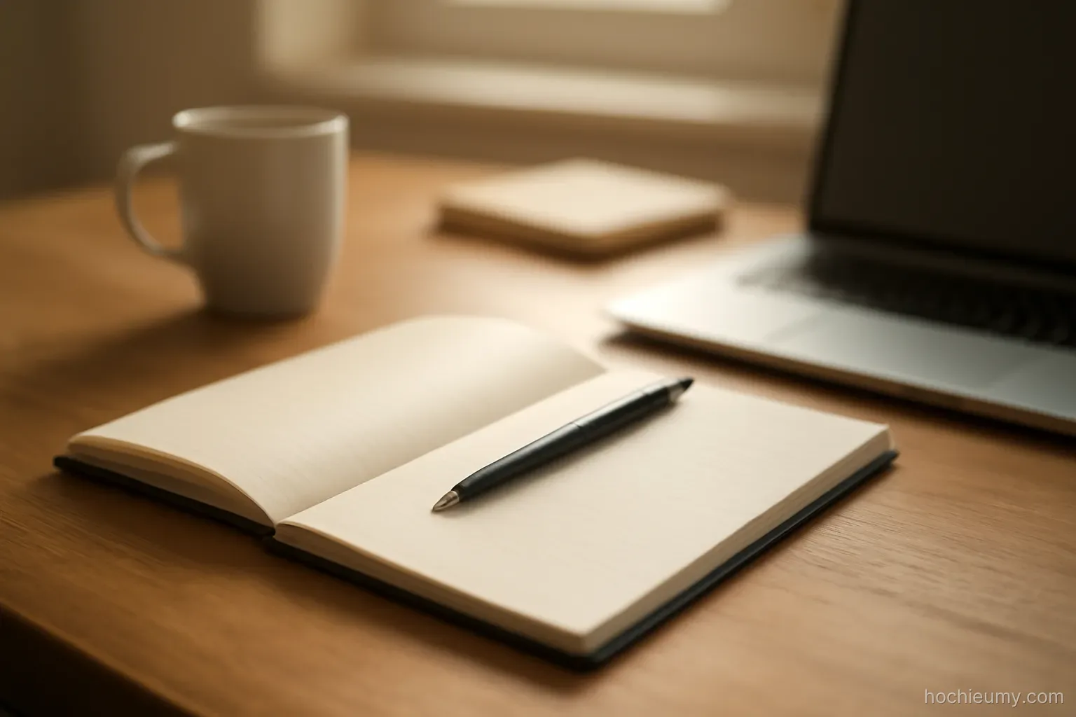 a tidy desk with a notebook open to a blank page, a pen laid across it, morning light