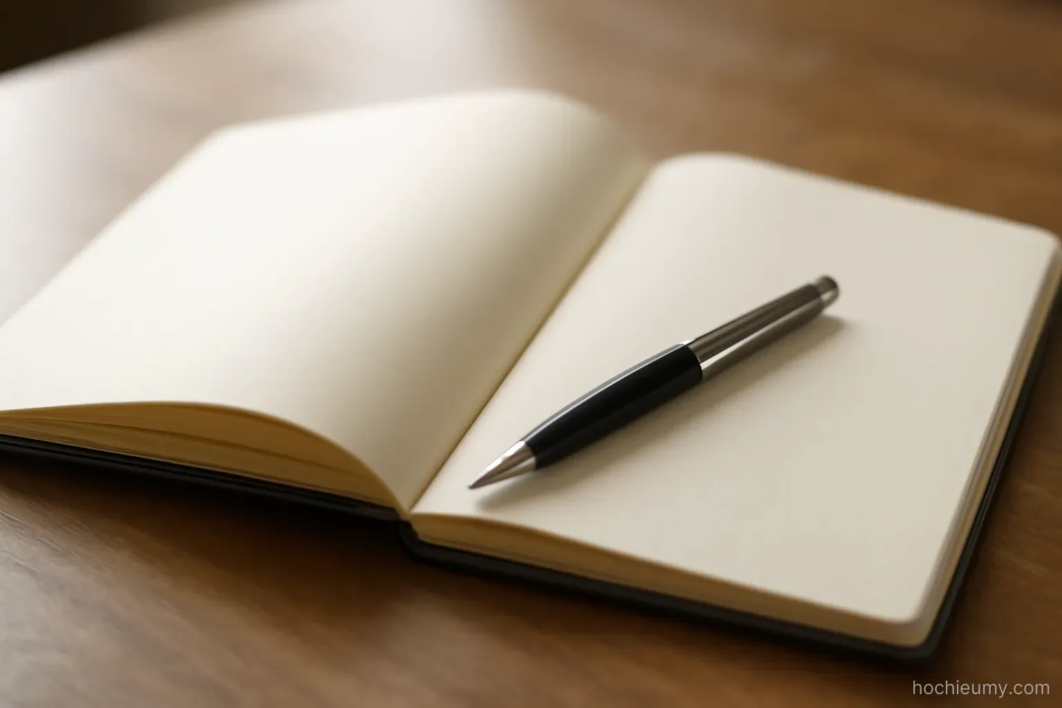an open notebook on a table with the last page blank and a pen resting in the fold