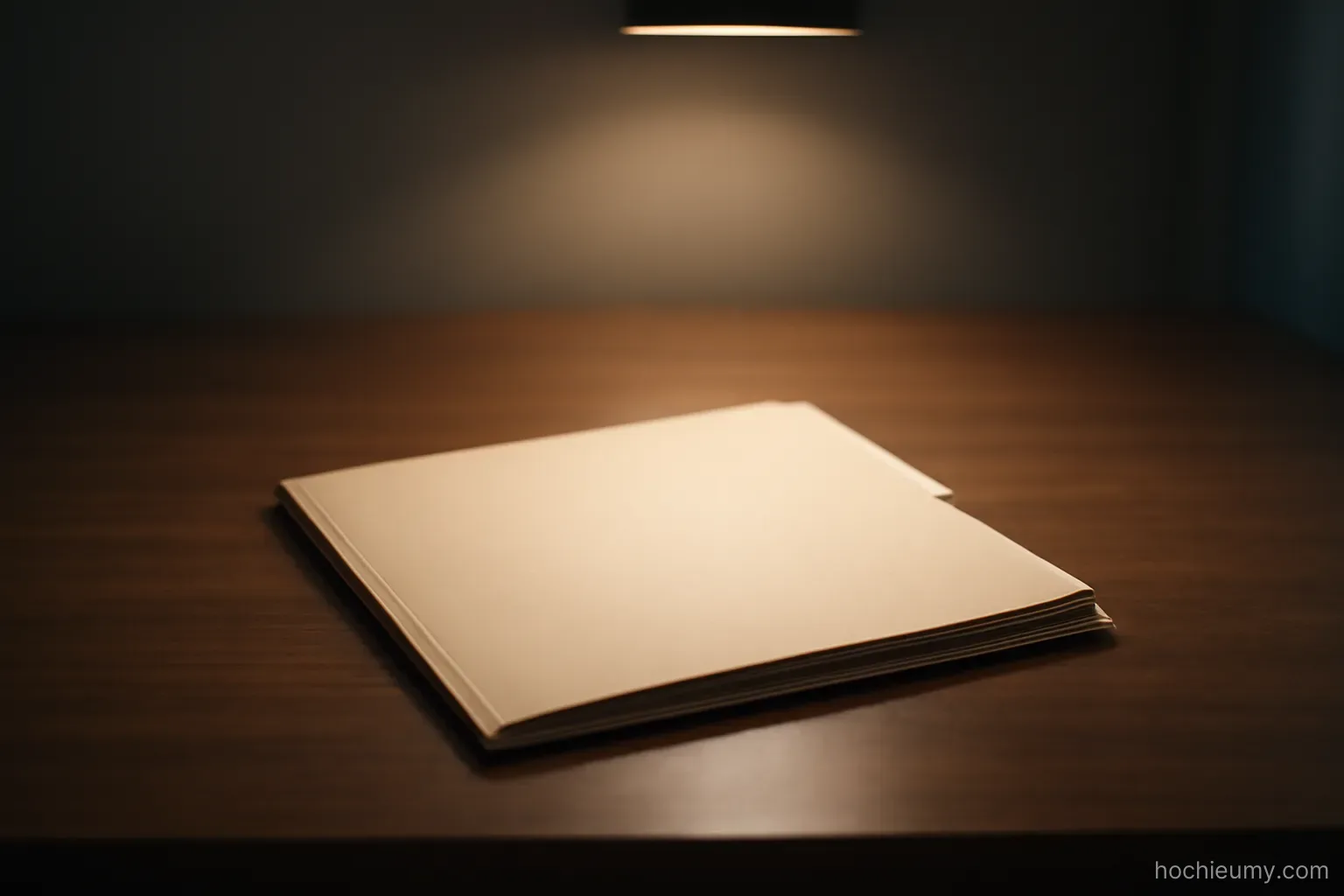 a single manila folder lying closed on a wide empty desk under an overhead light