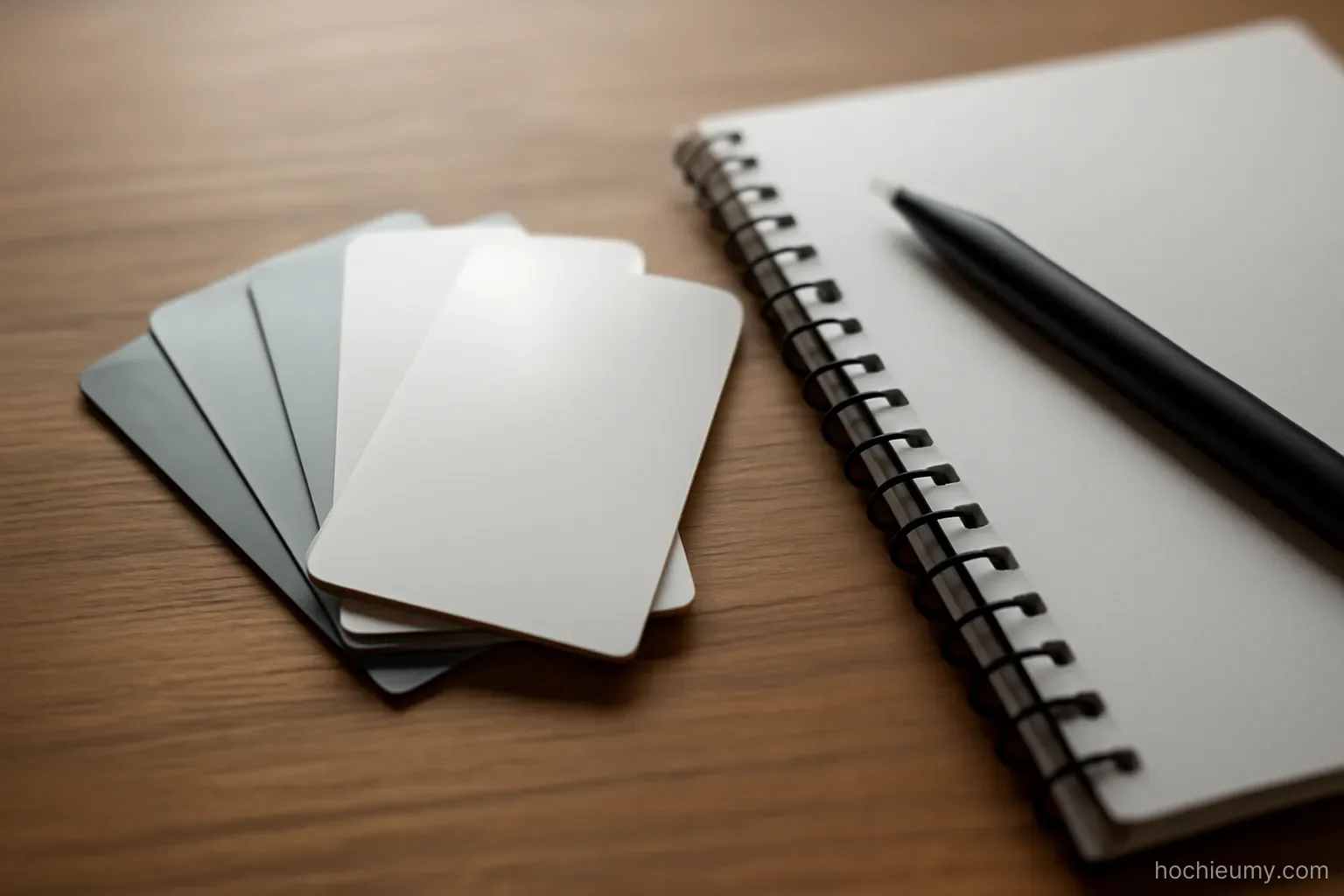 a set of plastic cards fanned out on a table beside a notepad with a pen resting on it