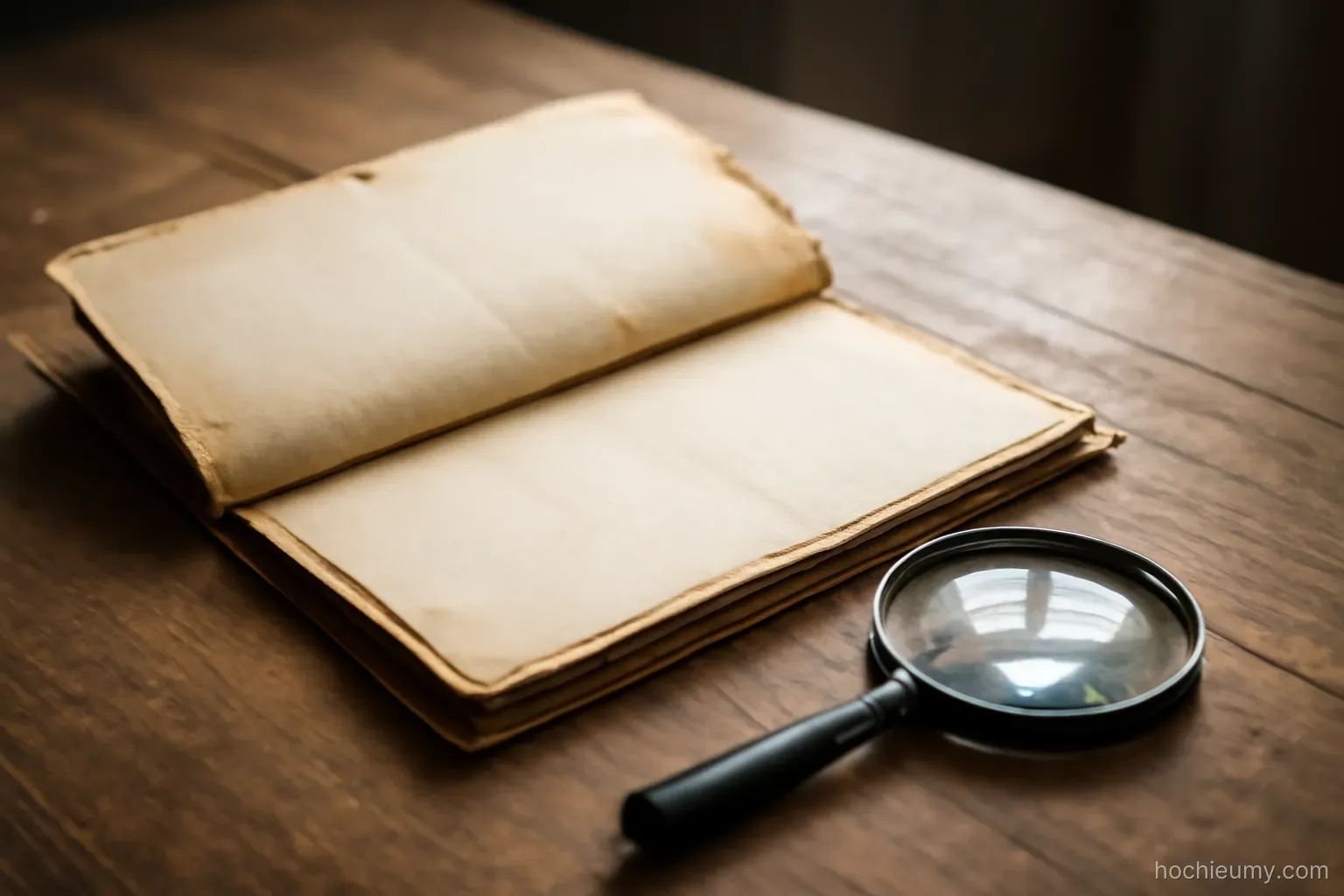 a worn folder of old documents opened on a table with a magnifying glass resting nearby
