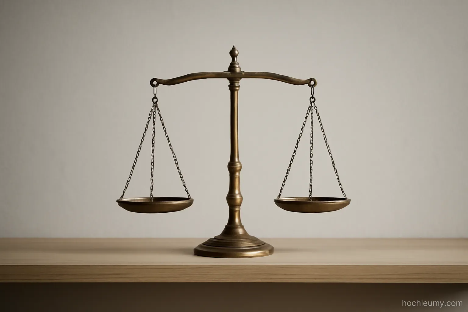 a balance scale with both pans empty standing on a plain shelf against a bare wall