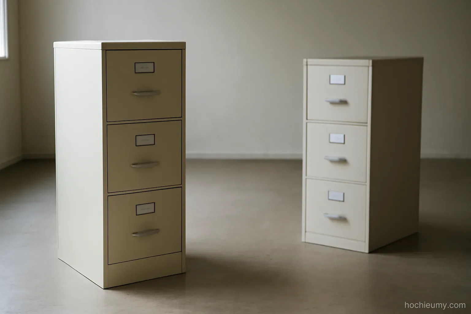 two separate filing cabinets standing apart in a room with no connection between them