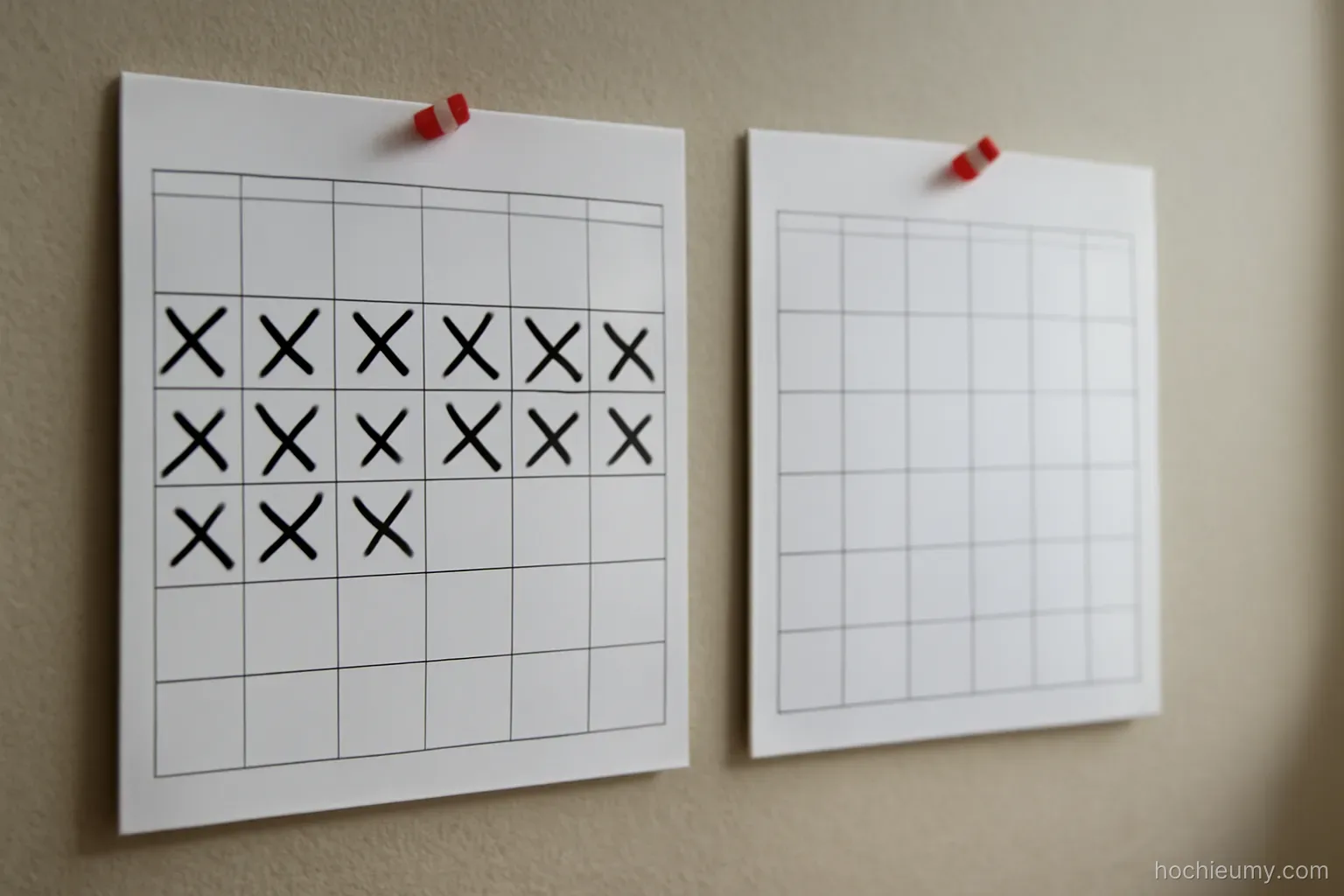two different calendars pinned side by side on a wall, one with squares marked and one blank