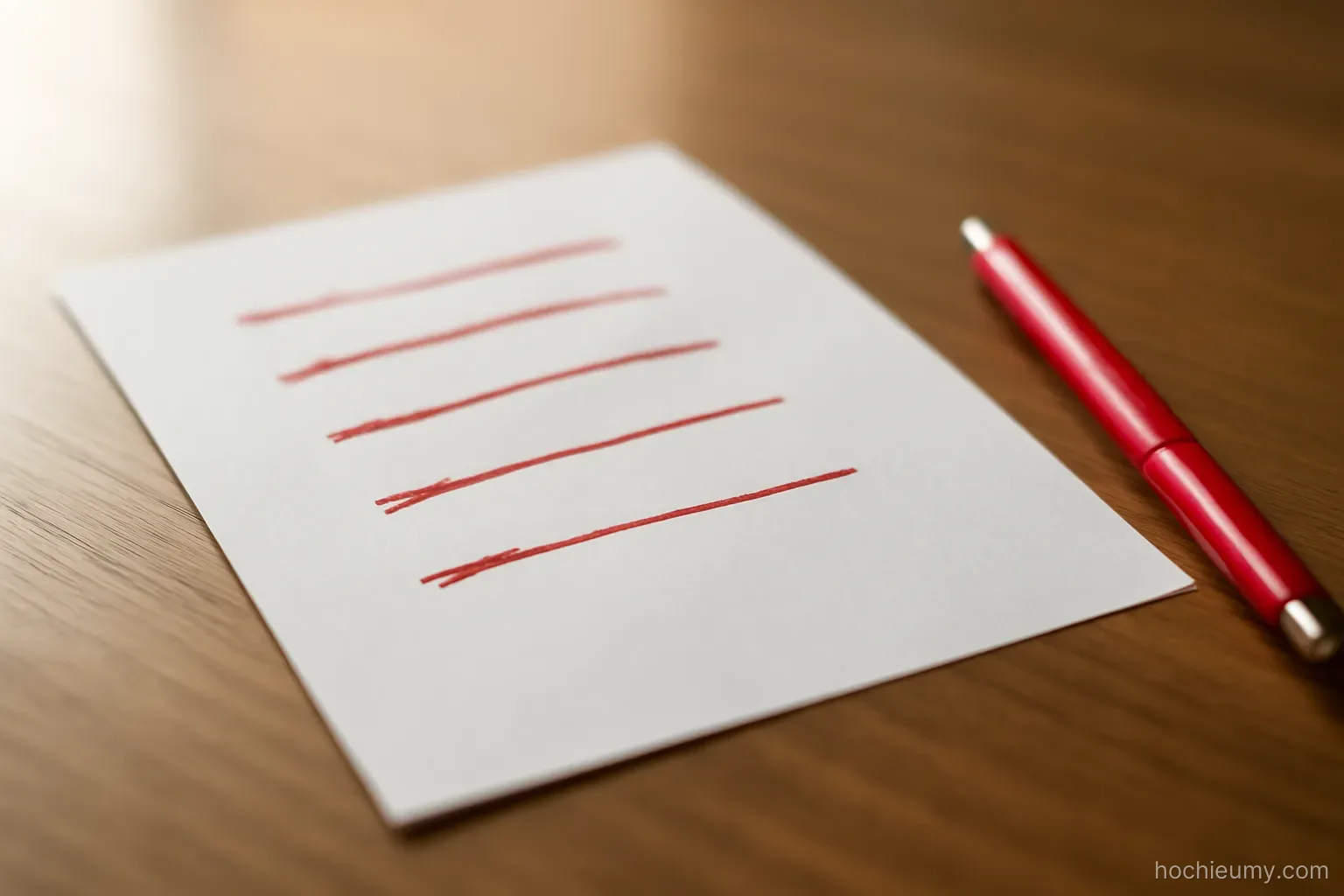 a sheet of paper with several lines crossed out lying on a desk next to a red pen