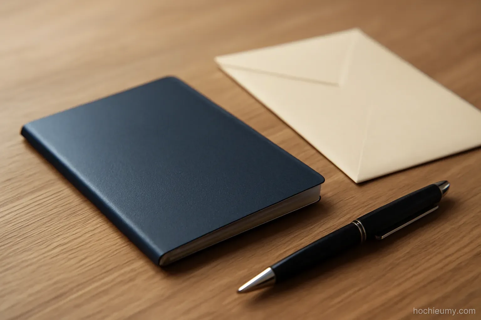 a closed passport lying flat on a wooden surface next to a pen and a plain envelope