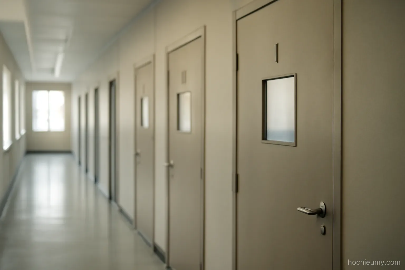 a row of numbered doors along a corridor, each with a small window at eye level, all closed