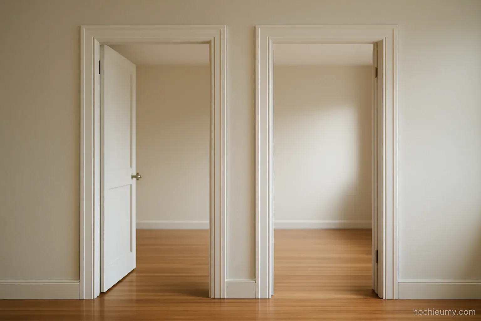 two doorways side by side on the same wall, both open, leading into the same plain room