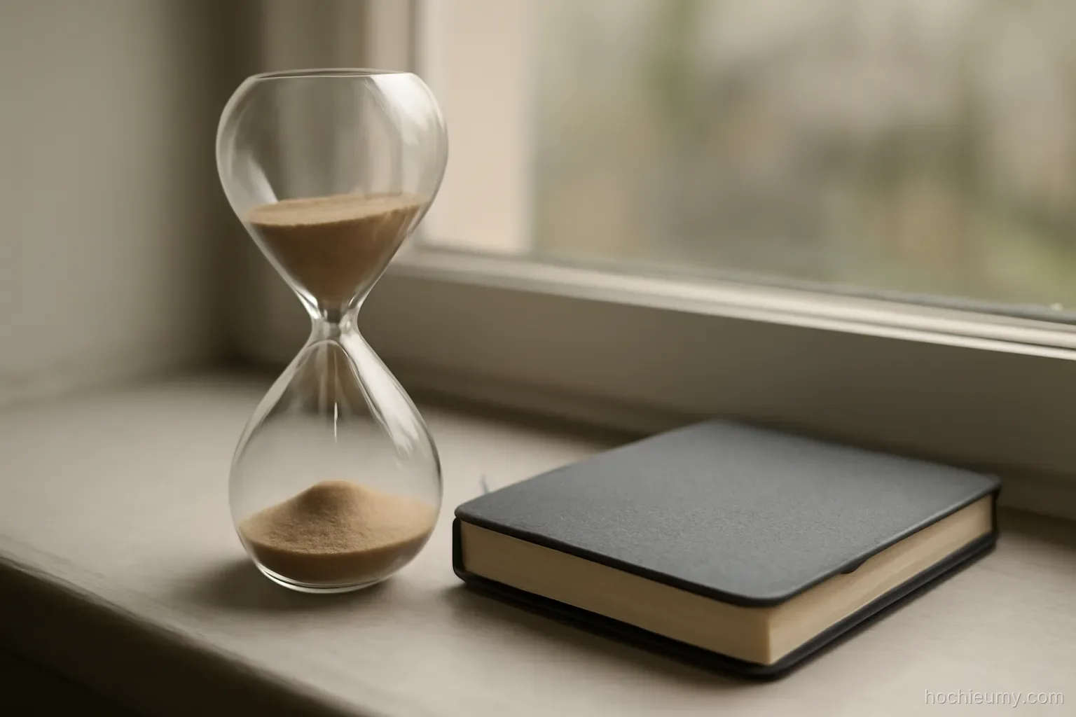 an hourglass with most sand already fallen standing beside a closed notebook on a windowsill