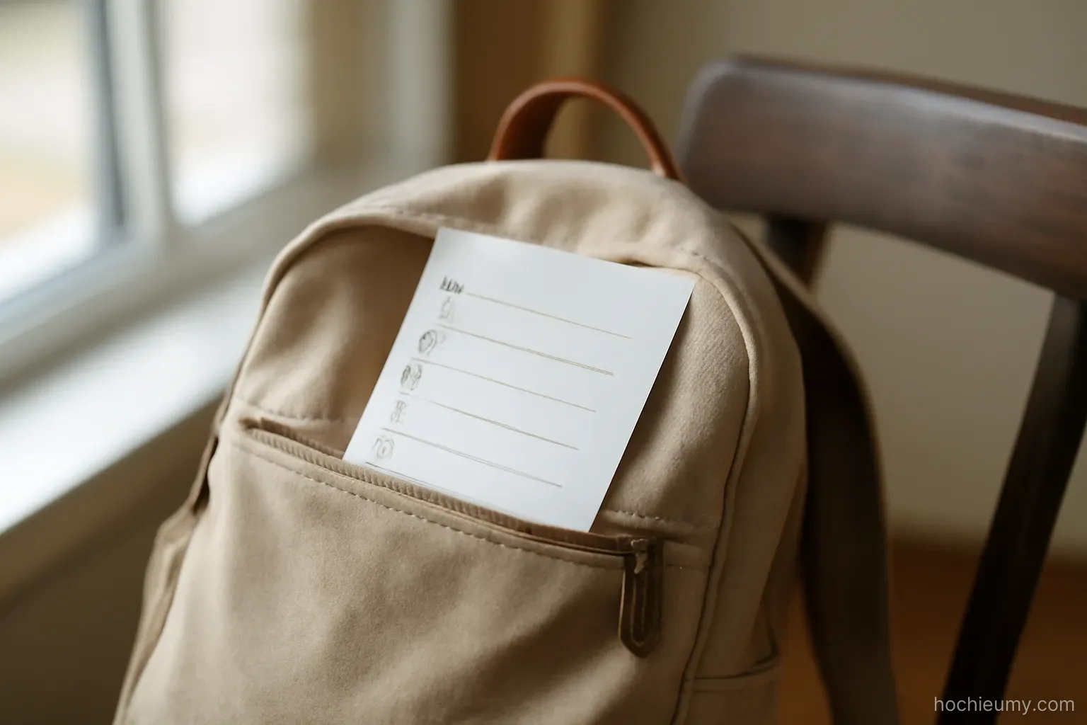 a folded paper checklist tucked into the front pocket of a travel bag left open on a chair