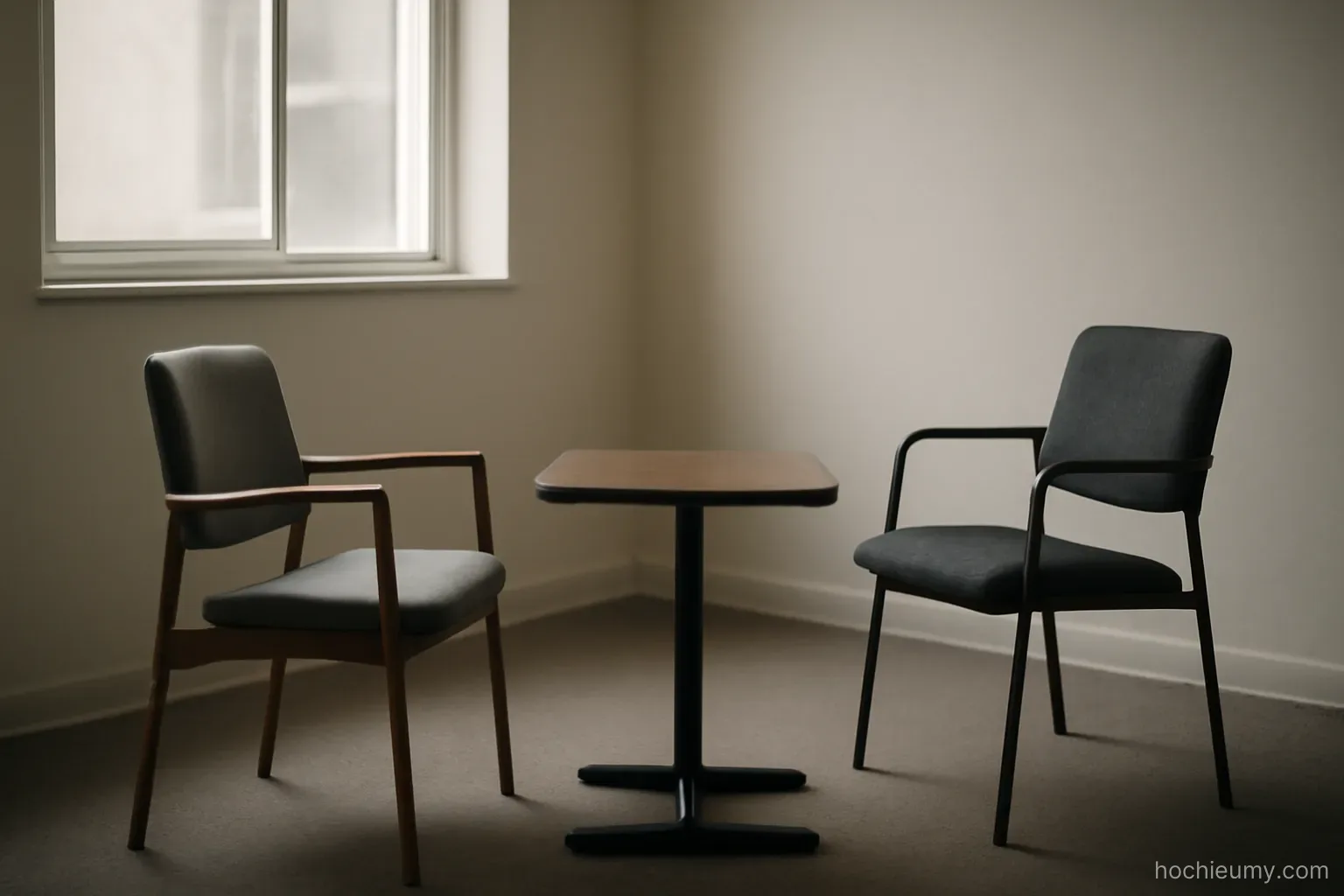 two chairs facing each other across a small table in a plain room with a window on one side