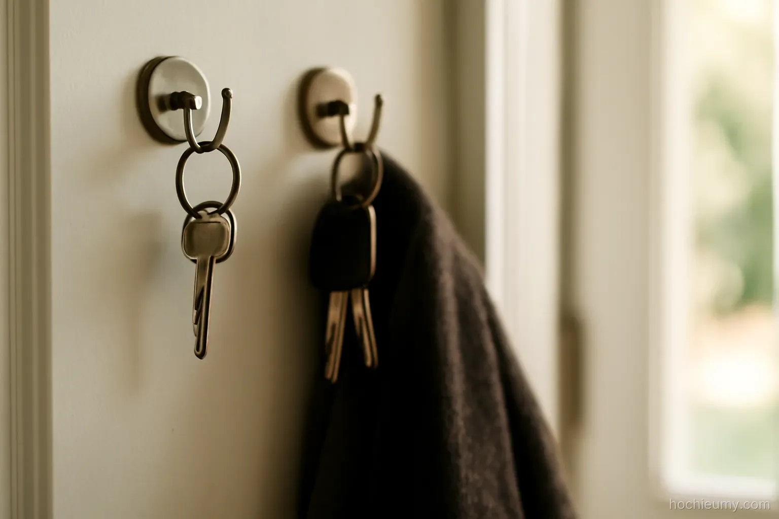 two sets of house keys hanging on separate hooks by a door with a coat between them