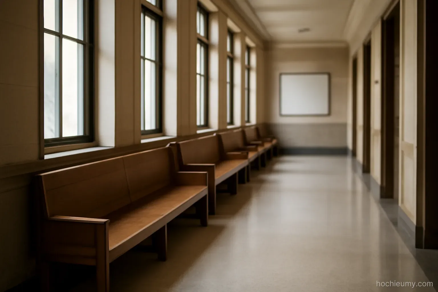 a courthouse corridor with wooden benches along one wall and daylight coming through tall windows