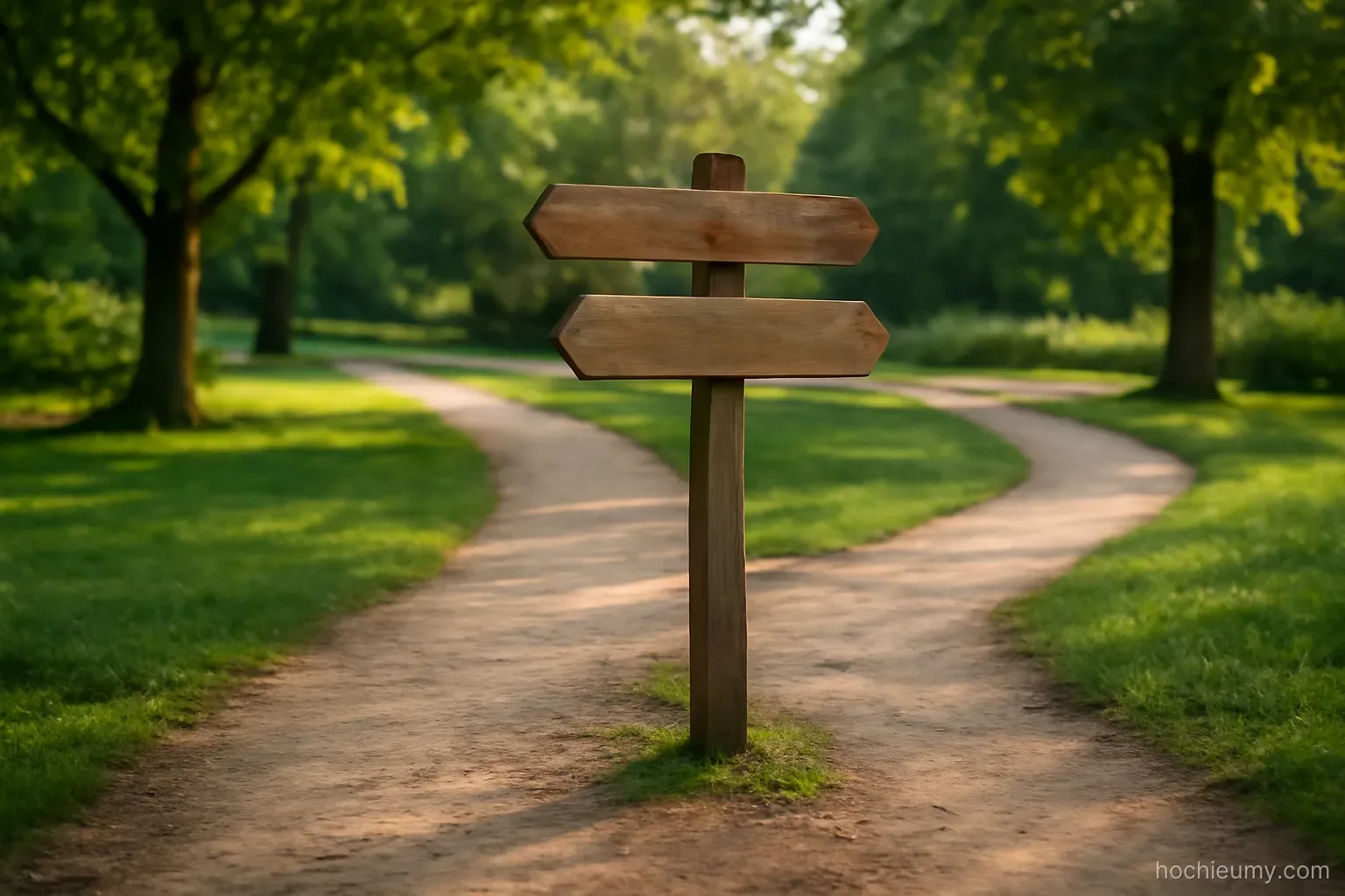 a path in a park splitting into three directions with a low wooden signpost at the junction