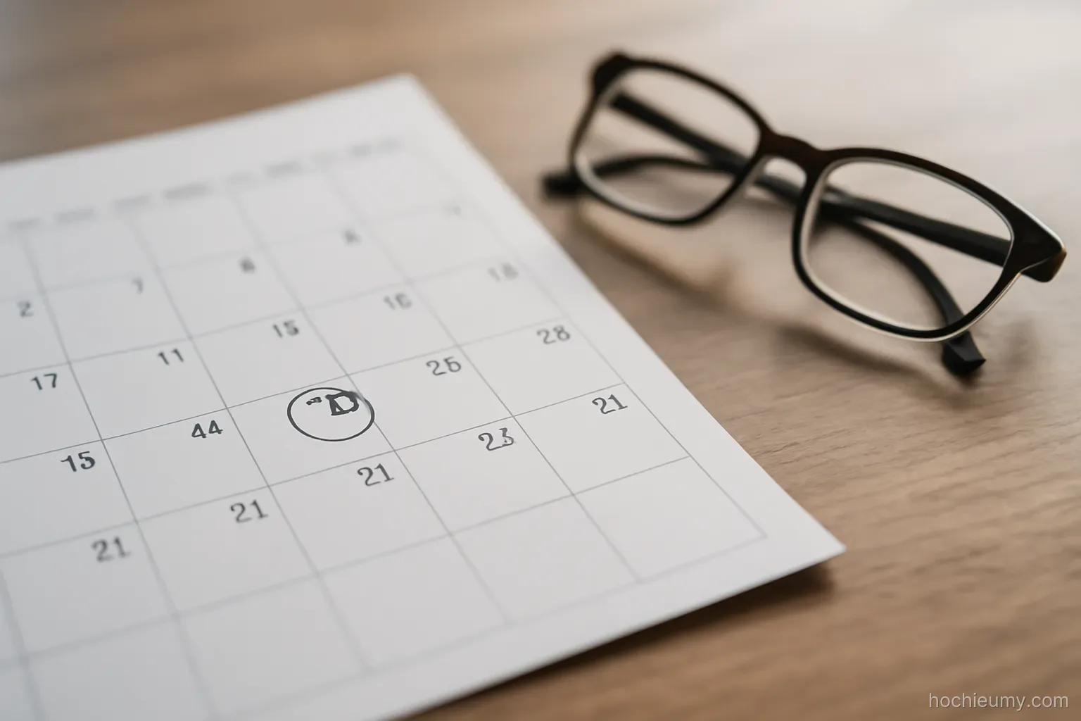 a calendar page with one date circled in pen lying on a table beside a pair of reading glasses
