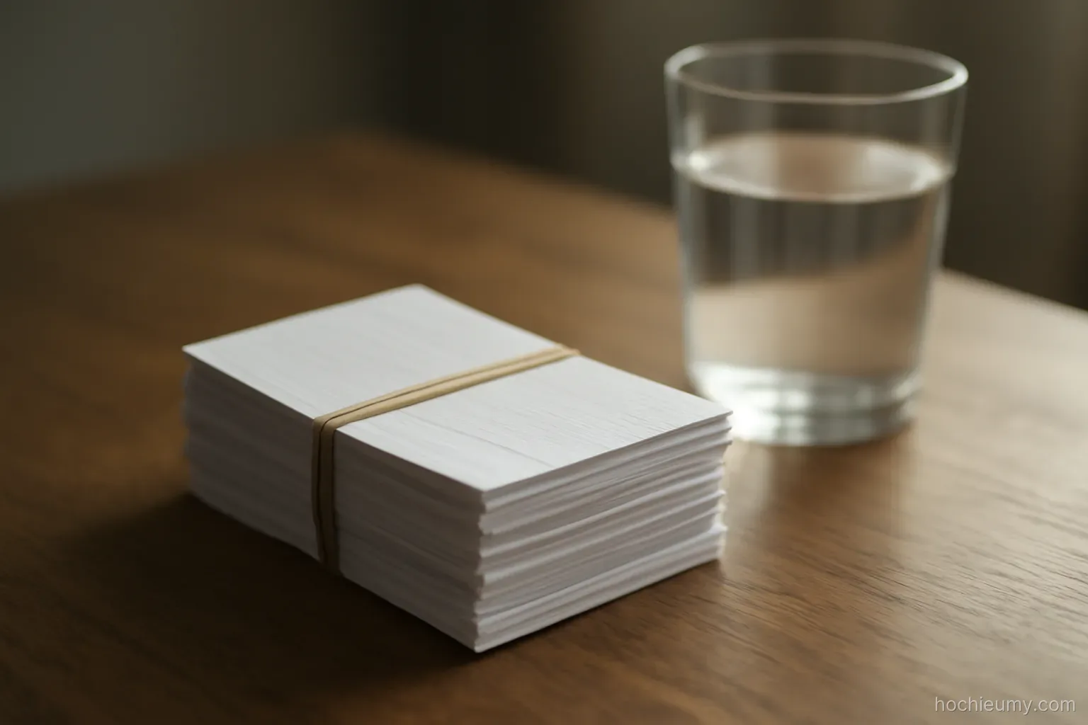 a stack of handwritten index cards held together with a rubber band next to a glass of water