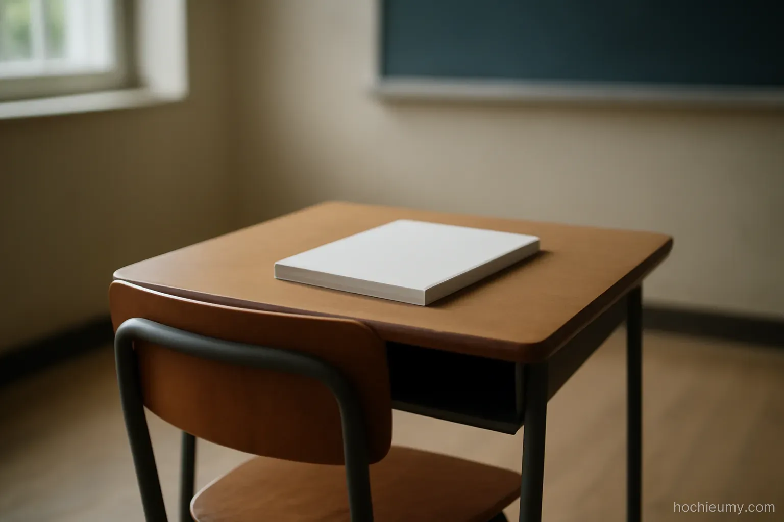 a small classroom desk with a chair pulled out and a printed booklet lying closed on the surface