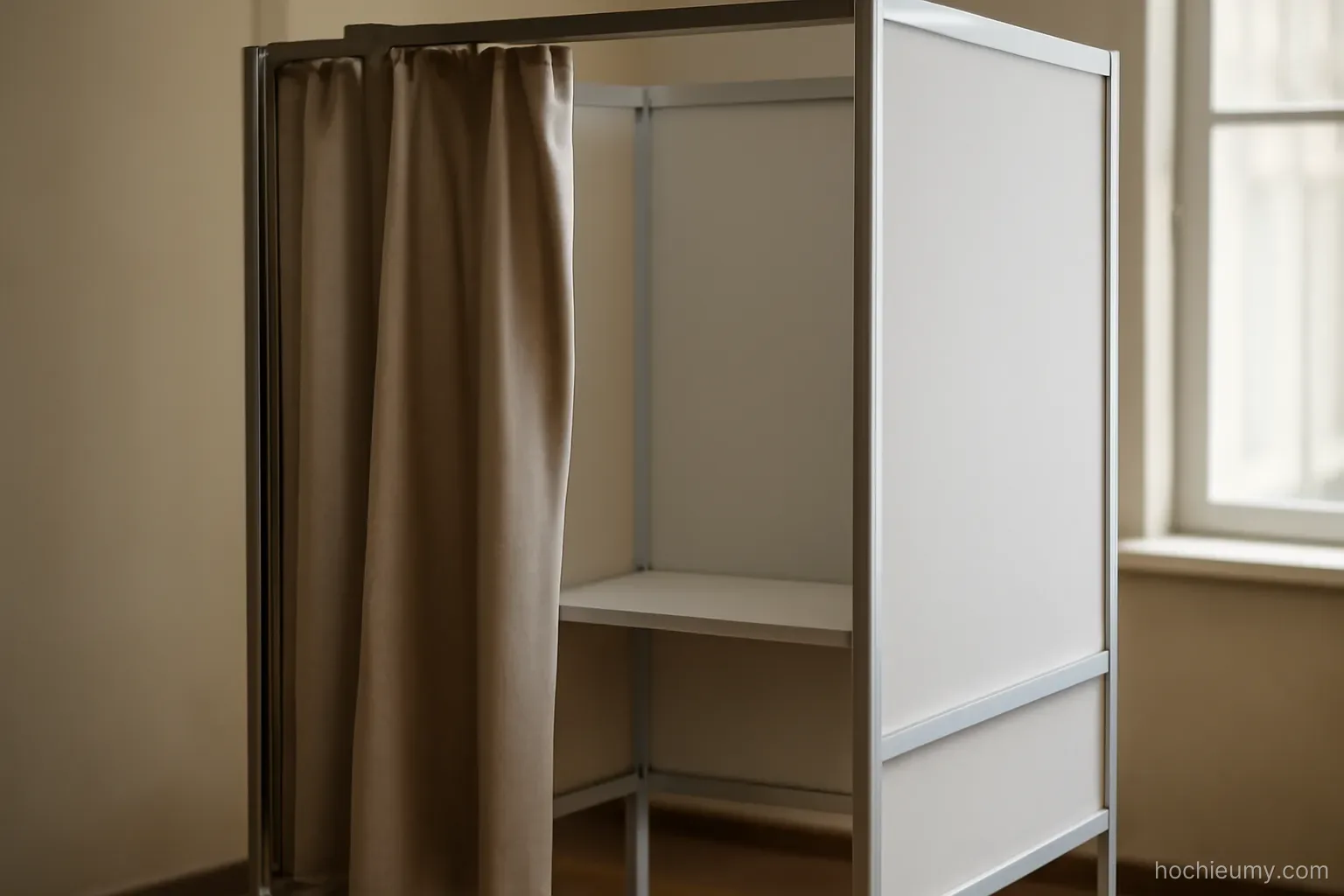 an empty voting booth with a curtain partly drawn and a small shelf inside, viewed from the side