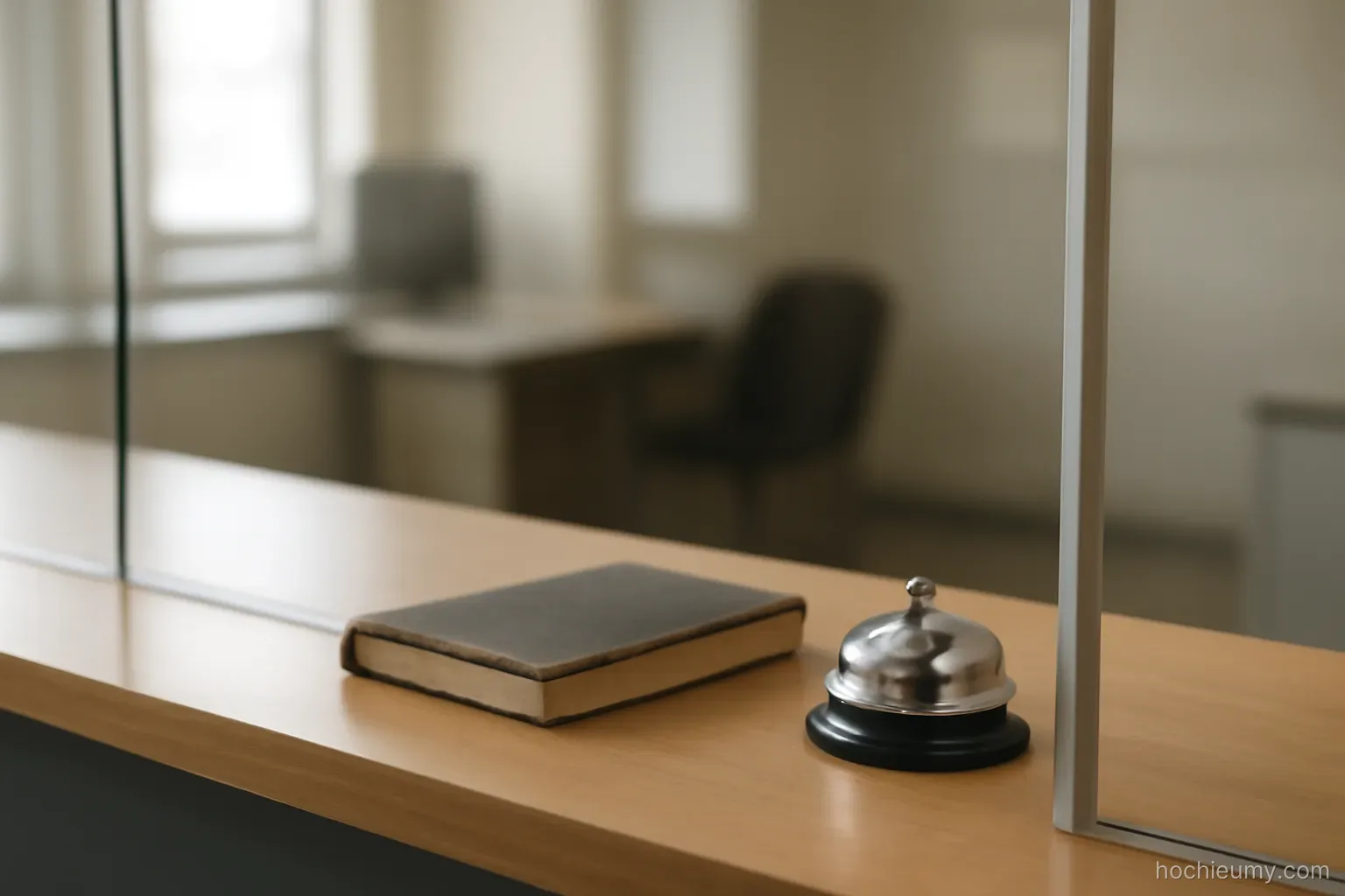 a plain office counter behind a glass partition with a small bell and a closed logbook on it