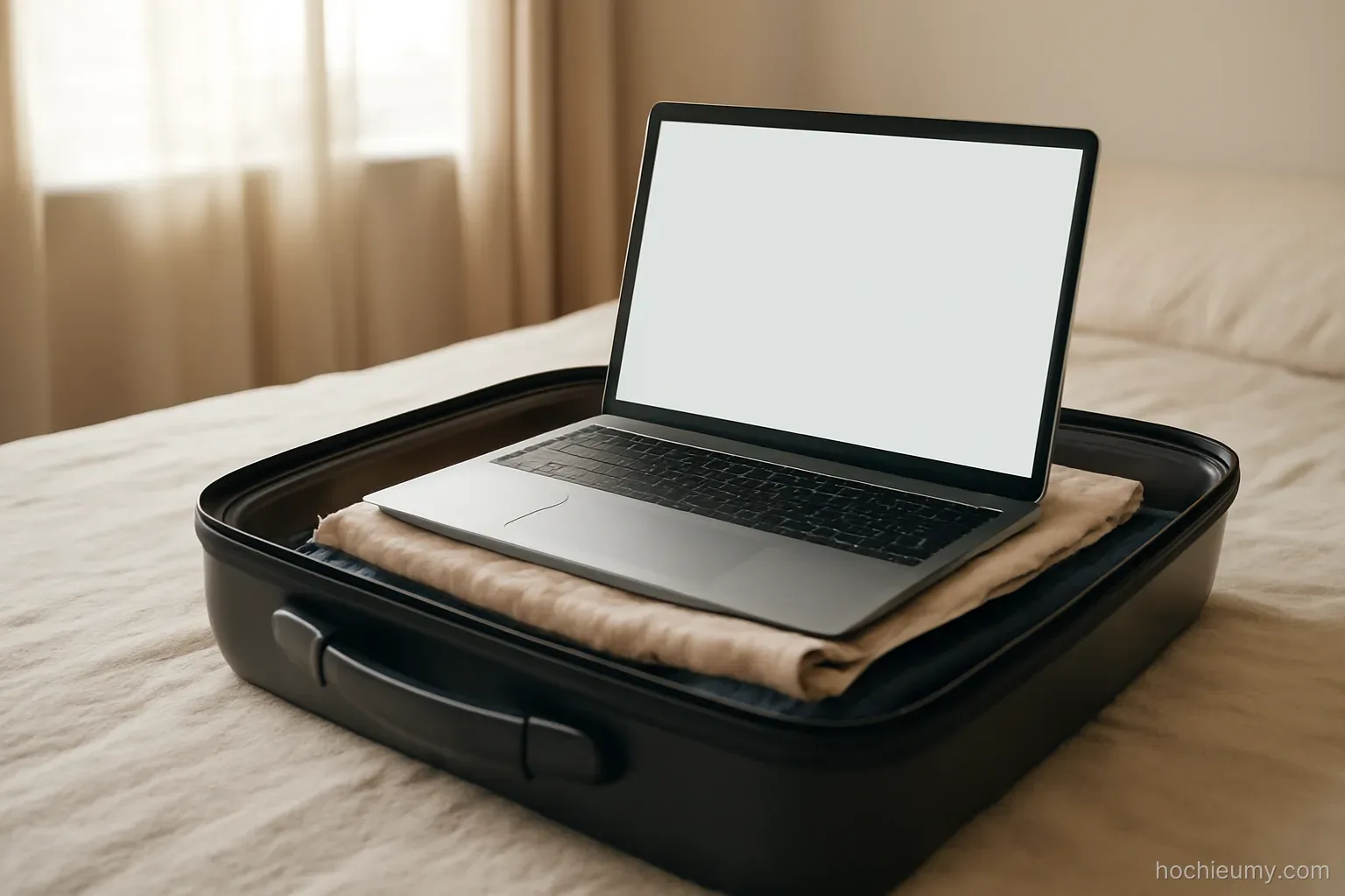 an open suitcase on a bed with a laptop placed on top of folded clothes, curtains drawn back