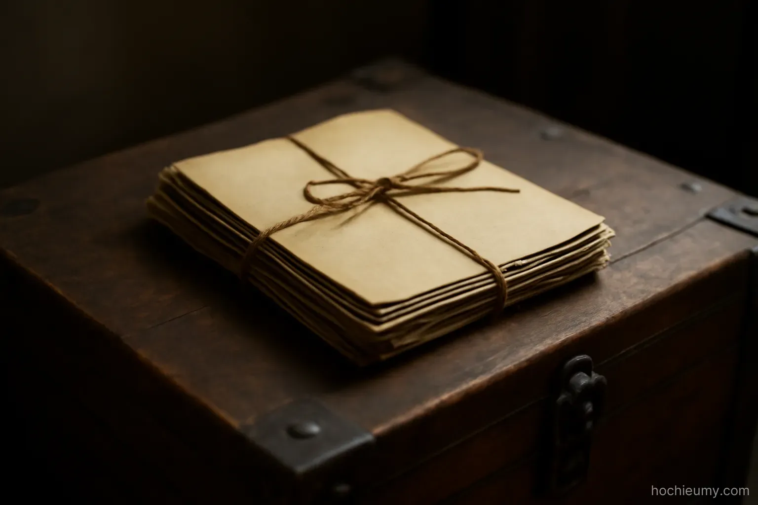a set of old property documents tied with string resting on a wooden chest in dim light