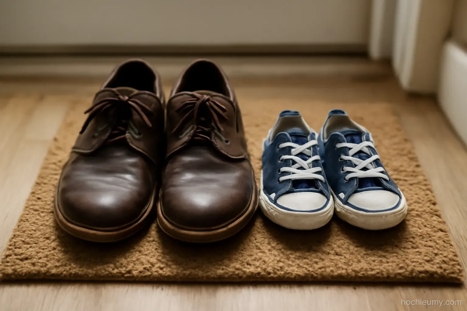two pairs of shoes of very different sizes placed neatly side by side on a doormat