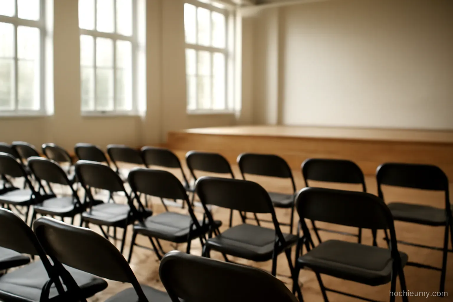 a row of empty folding chairs facing a low stage in a large hall with high windows behind