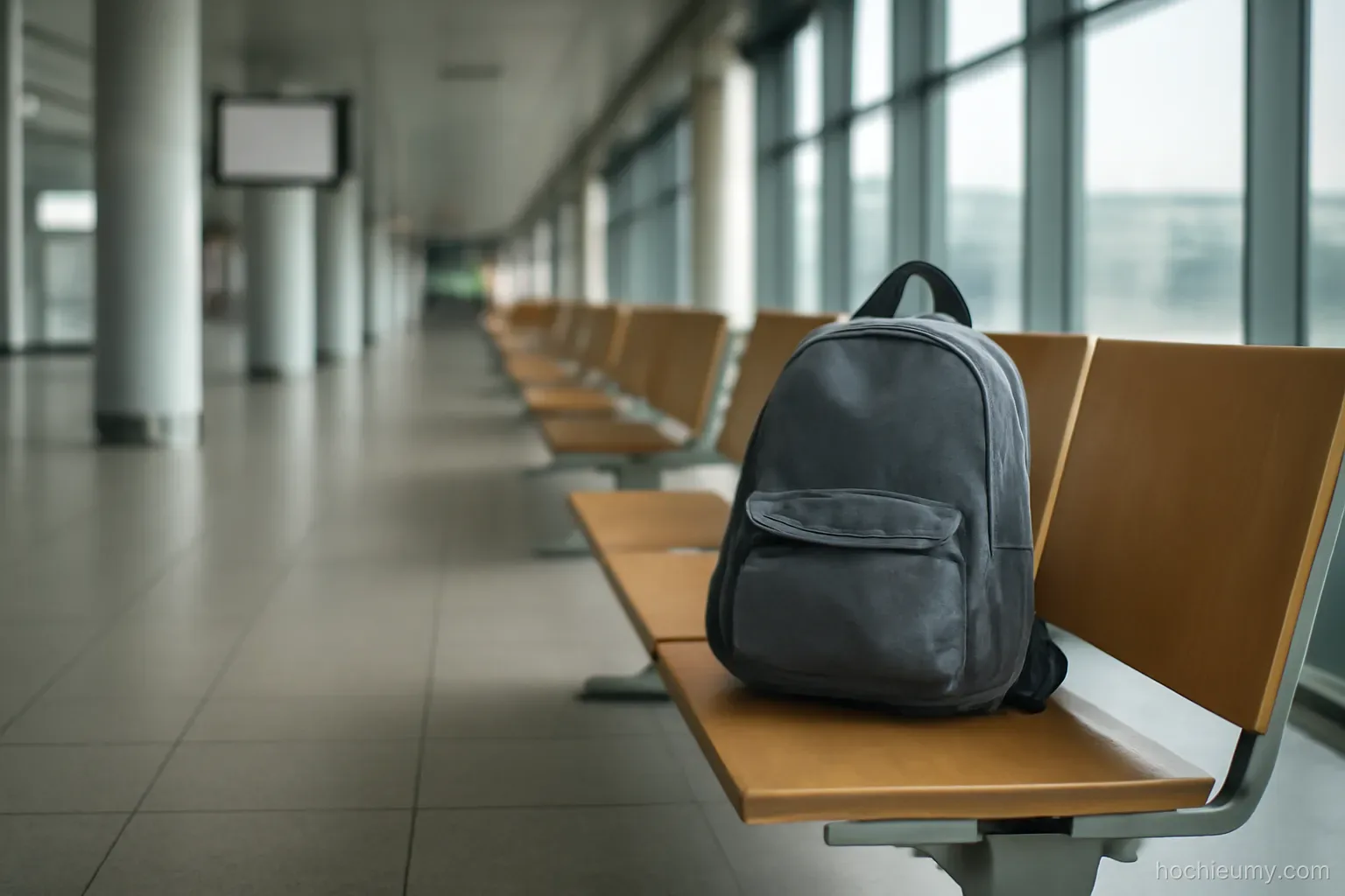 a child sized backpack sitting alone on a bench in an airport corridor with no one around