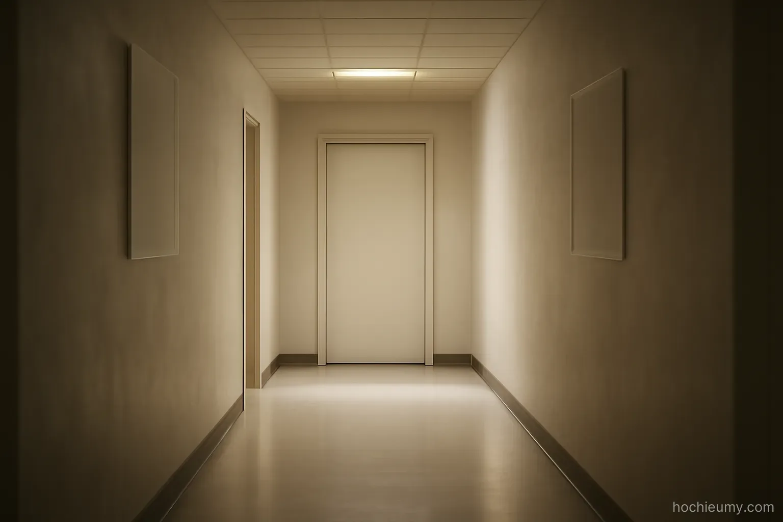 a single closed door at the end of a long corridor with no handle visible on this side
