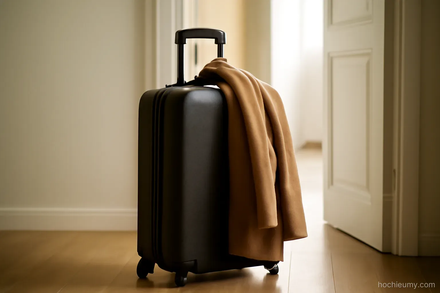 a large suitcase standing upright by a doorway with a coat draped over its handle