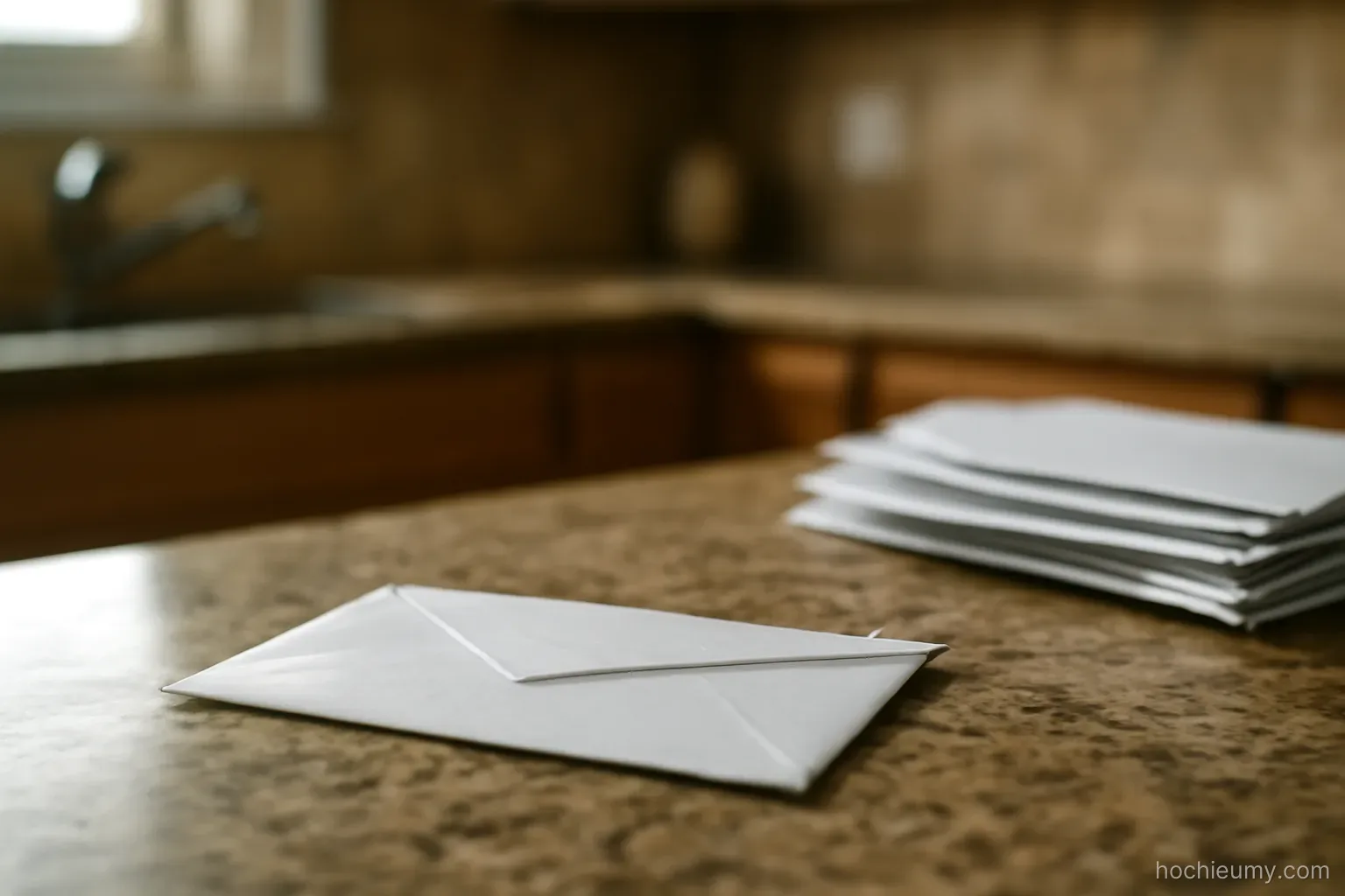 an unopened envelope left on a kitchen counter for a long time beside a pile of mail