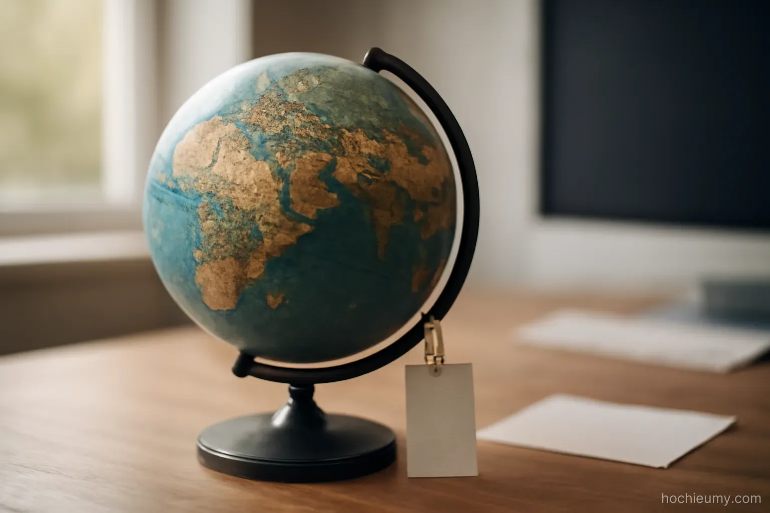 a world globe on a desk with a single small paper tag tied to its stand by a thin string